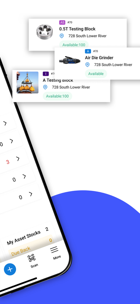 EZO - EZO-Mobile-App-Oberfläche, die das Inventar-Tracking für Industrieanlagen mit Status- und Standortdetails anzeigt