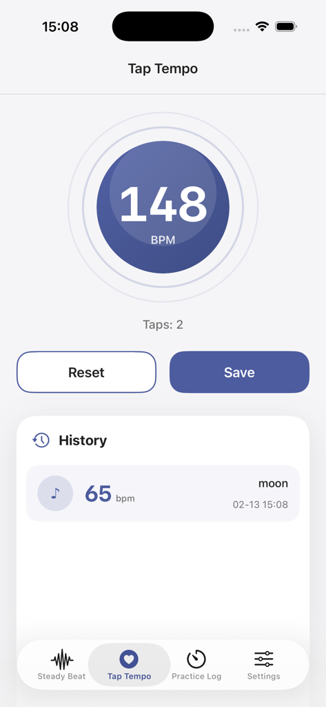 Beat Stamps - The Tap Tempo screen of the Beat Stamps app displaying a BPM counter and practice history.