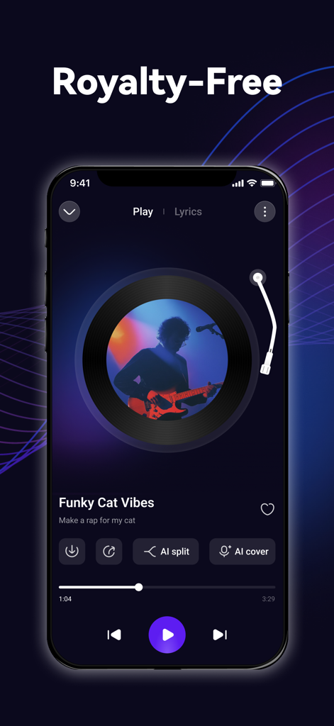 Interfaz del generador de música con IA de Rythmix que muestra un reproductor de canciones libres de derechos con opciones de división y portada de IA.