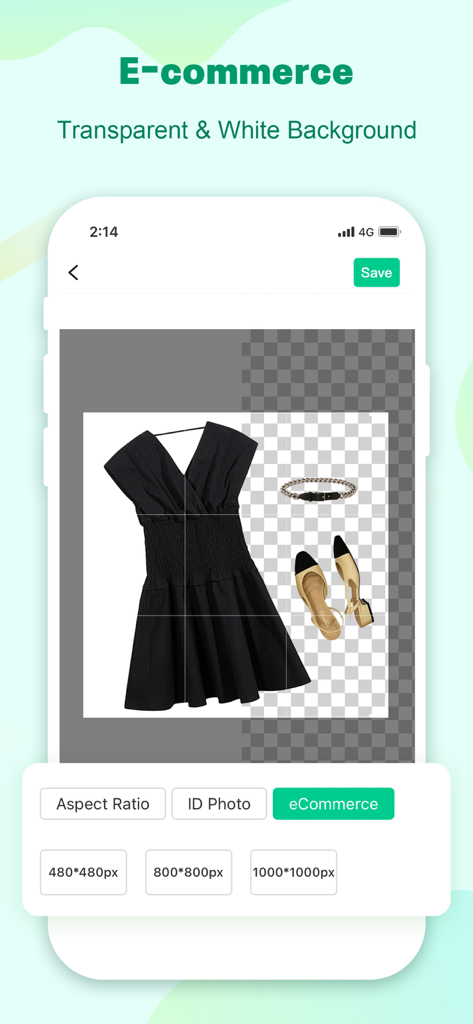 Apowersoft: Background Eraser - Apowersoft Background Eraser app interface showing a black dress and shoes with background removal for e-commerce listings
