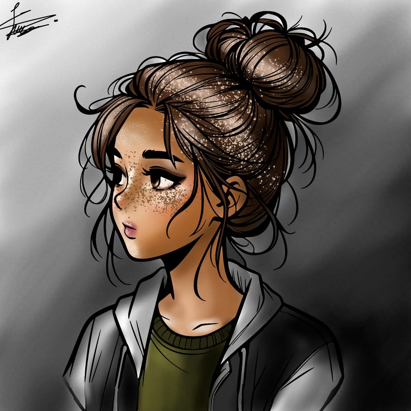realistic teenage girl with a messy bun