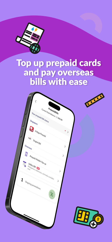 Singtel Dash - Interface of the Singtel Dash app showing options to top up prepaid cards and pay international utility bills in Singapore, Philippines, Indonesia, and India.