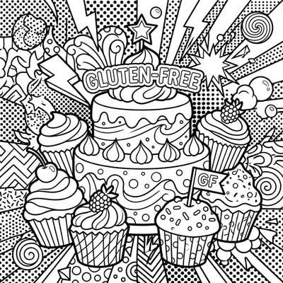 Indulge your artistic side with this vibrant Pop Art coloring page, showcasing an exciting array of gluten-free cakes and cupcakes. Unleash your creativity on bold lines and playful patterns for a truly sweet coloring experience.