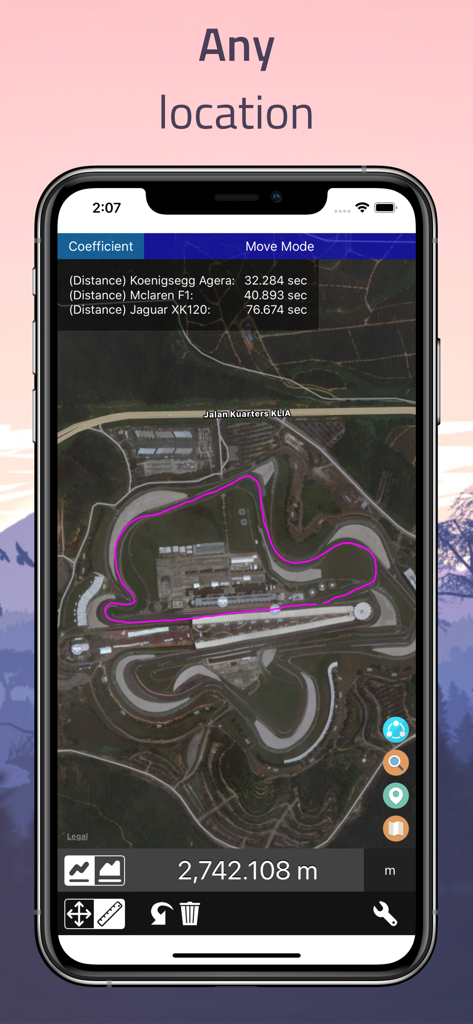 Distance - Find My Distance - iPhone screenshot of Distance app showing a measured route on a satellite map with car performance calculations