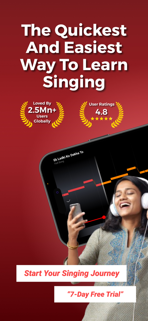 Padhanisa: Learn to Sing Songs - A woman wearing headphones singing with the Padhanisa app on a smartphone screen showing pitch tracking.