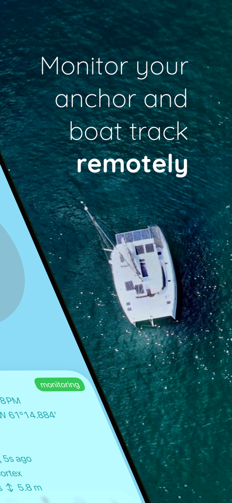 Hooked: Remote Anchor Alarm - Vista aérea de un barco anclado con una superposición de interfaz de aplicación de monitoreo remoto