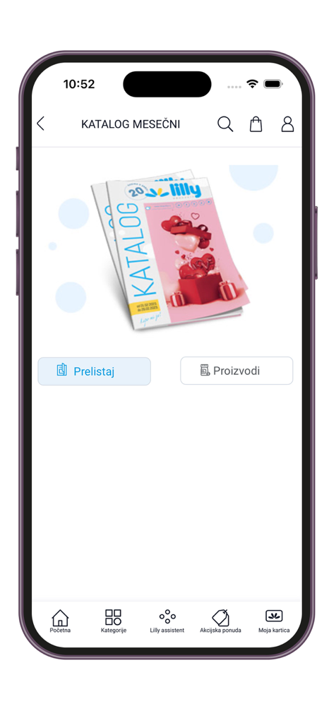 Monthly catalog screen in the Lilly Drogerie mobile app showing a digital catalog preview with buttons to browse or view products.