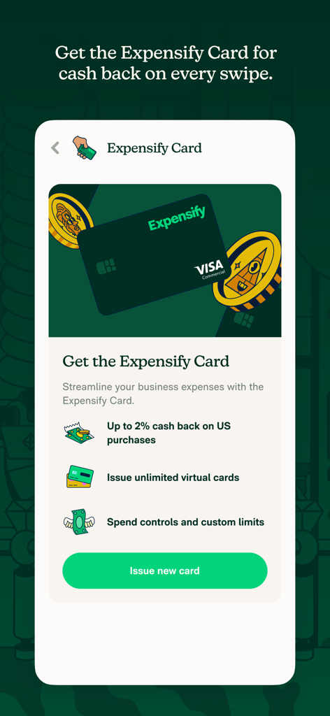 Expensify - Travel & Expense - Expensify app interface showcasing the Expensify Card features including cash back and spend controls