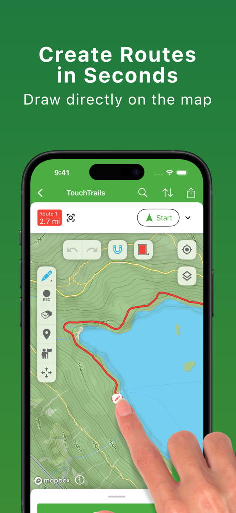 TouchTrails – Route Planner - Una mano dibujando una ruta personalizada en un mapa topográfico dentro de la interfaz de la aplicación móvil TouchTrails.