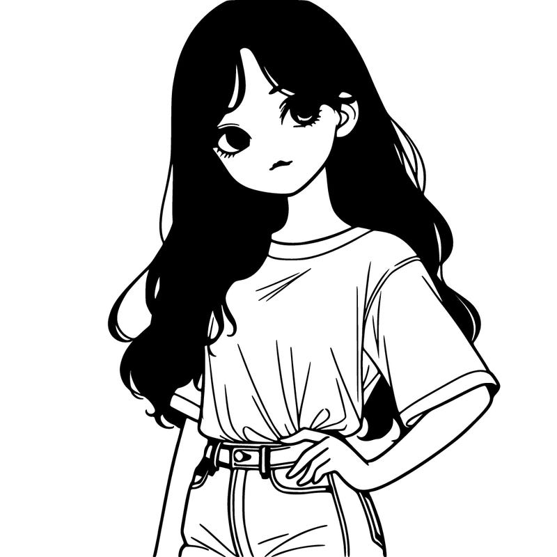 beautiful korean girl with long brown hair, wearing a white t-shirt and blue jeans