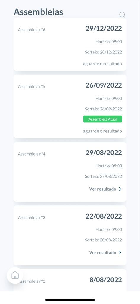 A list of past and current consortium assemblies within the CNVW app interface showing dates and status