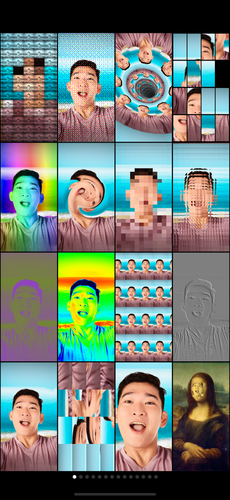 Mega Photo Pro - A grid of sixteen different real-time photo effects and distortions including thermal spiral and face swap filters.