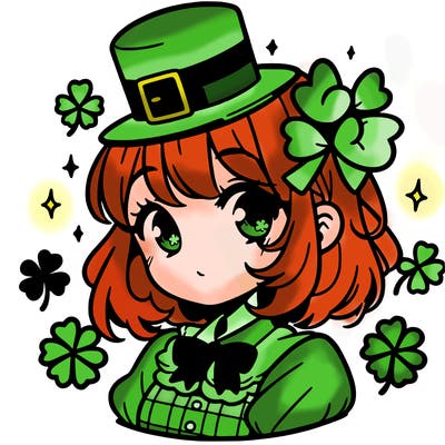 a manga-style girl with clovers around her, a little hat in her hair, like it's saint patrick's day