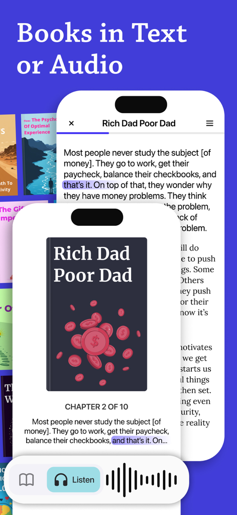 Interfaz de la aplicación Sparkle que muestra opciones de resumen de libros en texto y audio