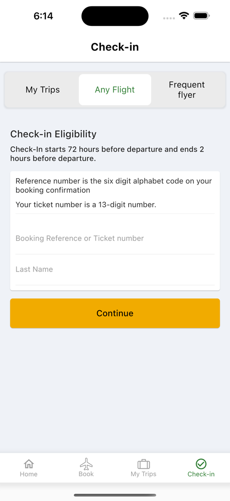 Die Check-in-Seite der Ethiopian Airlines Mobile App mit Eingabefeldern für Buchungsreferenz und Nachnamen des Passagiers