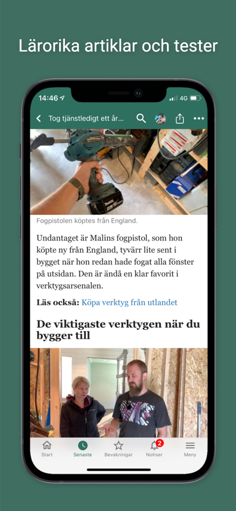 Byggahus.se - Aplicación móvil Byggahus que muestra un artículo de renovación con fotos de herramientas eléctricas y propietarios en un sitio de construcción