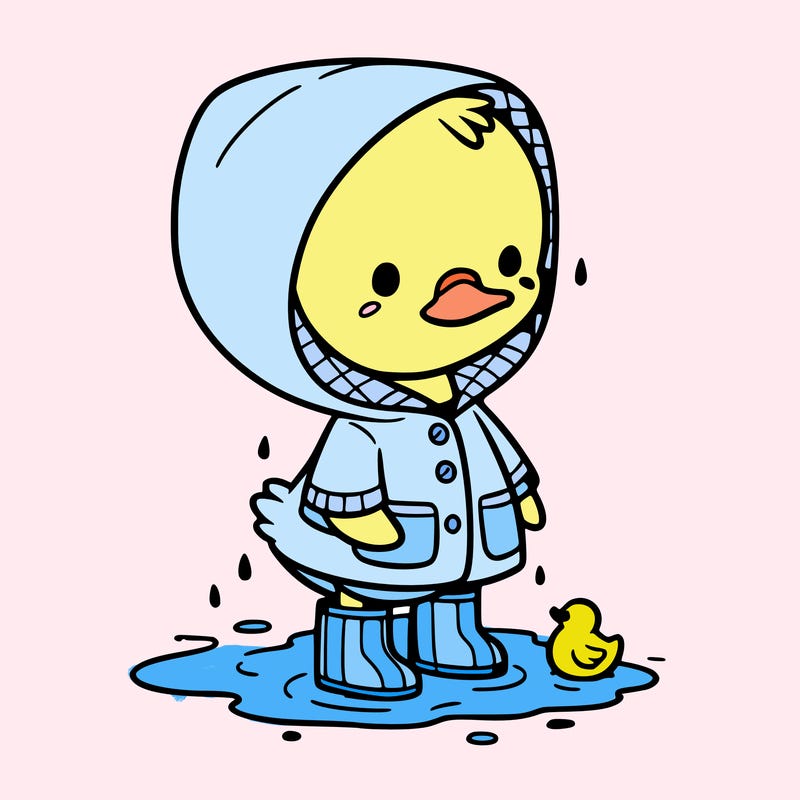 baby duck in a rain coat and boots, in a puddle while it’s raining
