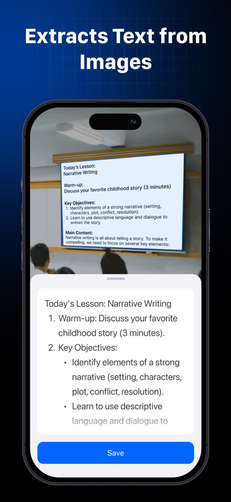 AI Note Taker-Voice to Notes ! - iPhone app extracting digital notes from a photo of a classroom presentation slide