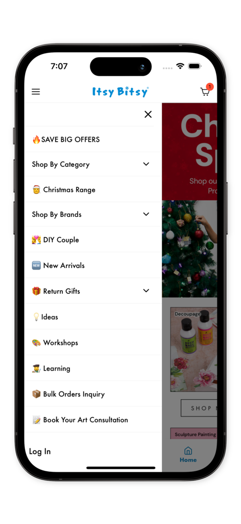 Side navigation menu of the Itsy Bitsy app featuring categories like workshops, DIY ideas, and art consultations.