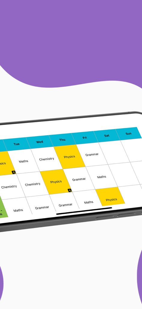 Uma grade de horário semanal codificada por cores visualmente organizada em um dispositivo móvel, mostrando várias matérias escolares como Matemática e Física.