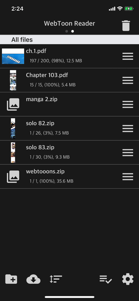 WebToon Reader - WebComic File - Pantalla de la aplicación Lector WebToon mostrando una lista de archivos de manga y cómic en formatos PDF y ZIP