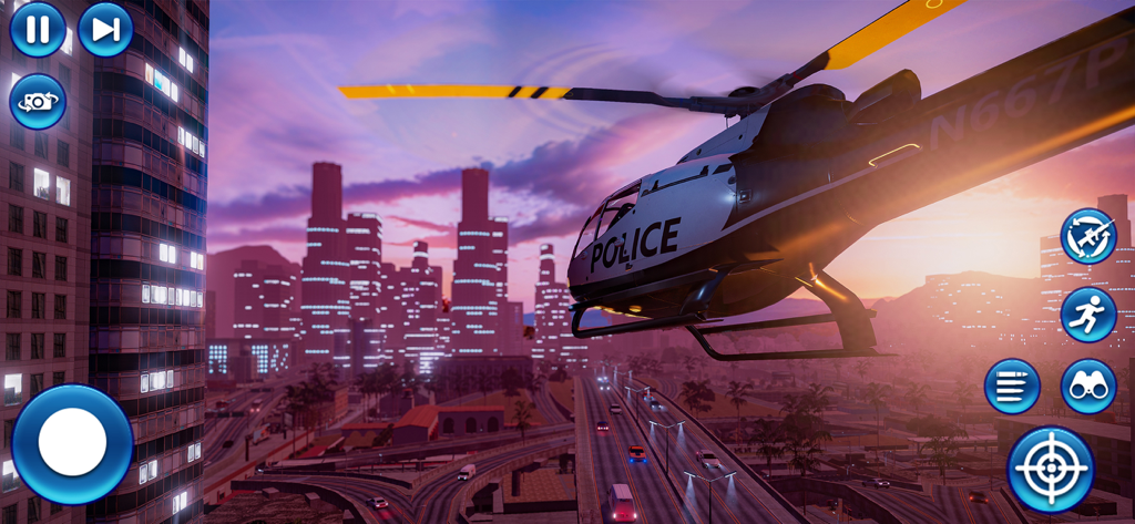 City Police Gangster Revenge - A police helicopter flying over a city skyline at sunset in a 3D action mobile game