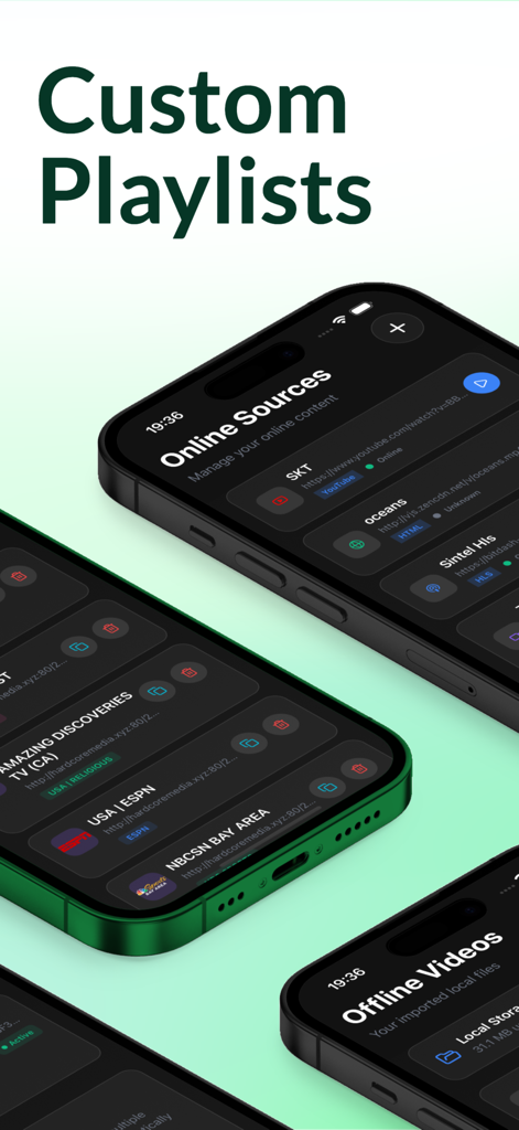 KofuPlayer app interface on iPhone showing custom playlists and online video sources