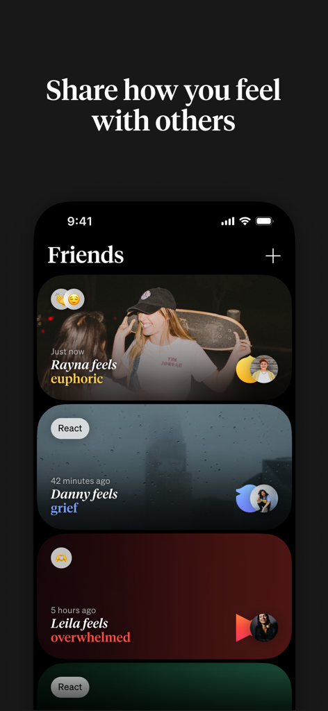 How We Feel - A mobile interface from the How We Feel app showing a Friends feed where users share their current emotional states like euphoric and overwhelmed.