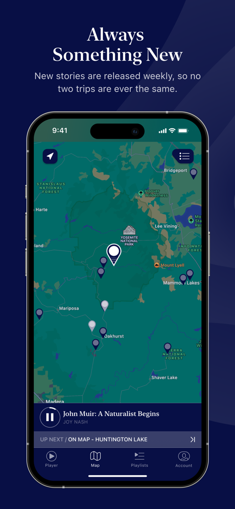 A map in the Autio app showing audio story pins near Yosemite National Park