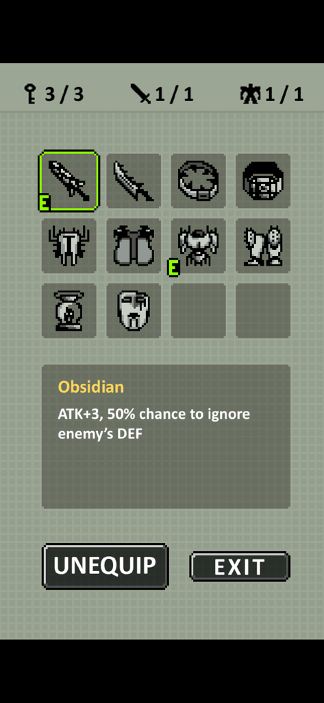 Inventory screen in Tower of Fortune showing pixel art equipment and obsidian sword stats.