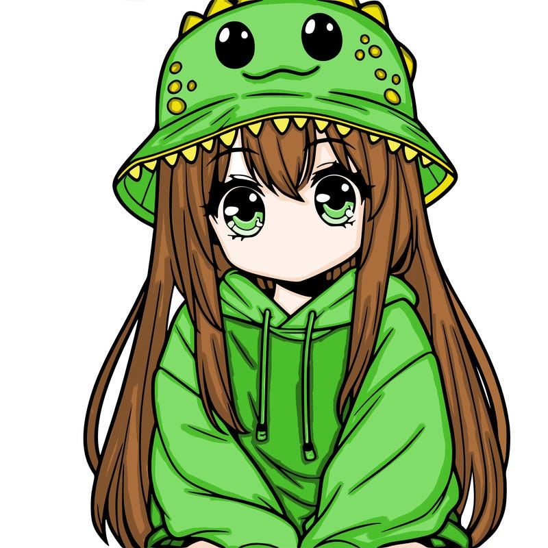 girl with anime shaped eyes with a dinosaur bucket hat oversized sweatshirt long straight hair