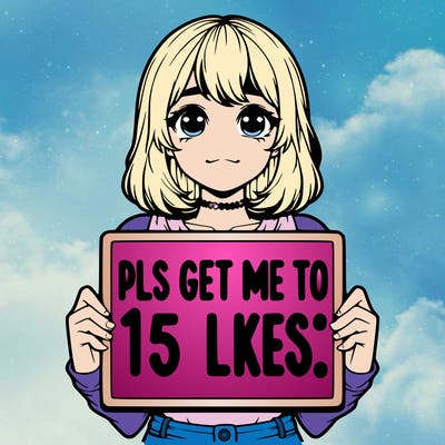 realistic girl holding up a sign that says “pls get me to 15 likes!”