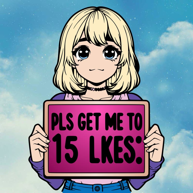 realistic girl holding up a sign that says “pls get me to 15 likes!”