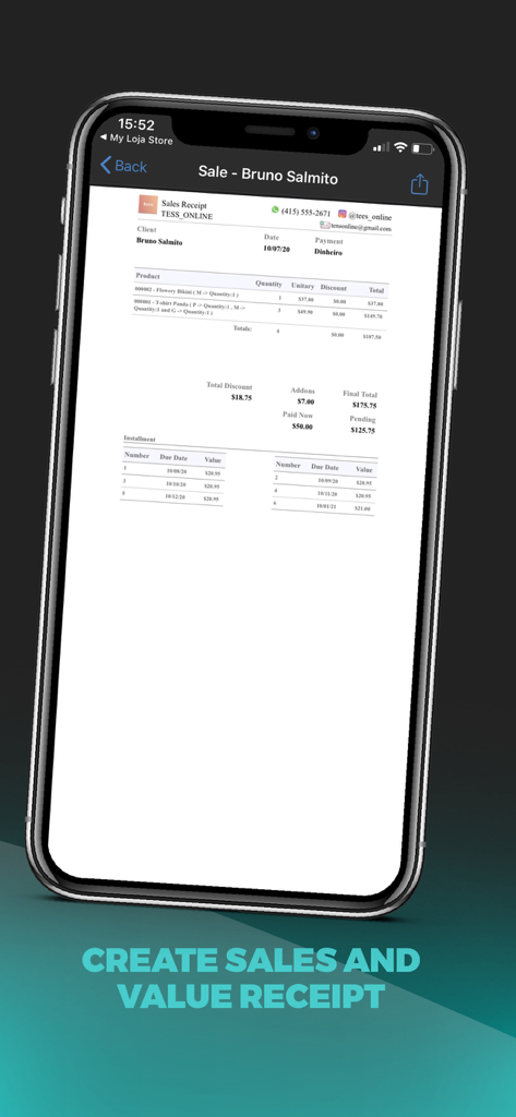 Ein professioneller PDF-Verkaufsbeleg mit Produktdetails und Ratenplänen, angezeigt auf einem iPhone