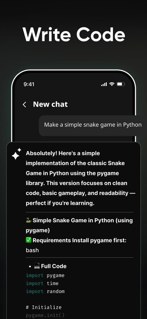 AI assistant interface generating Python code for a simple snake game