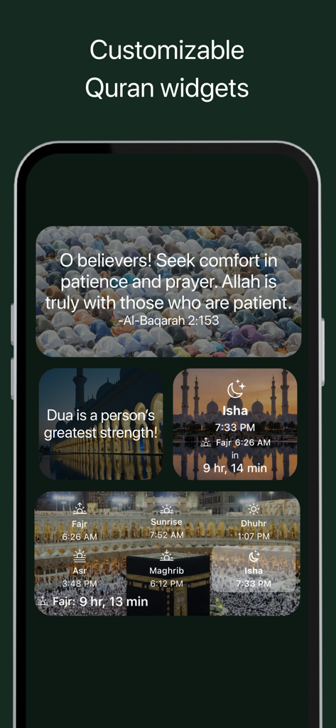 iPhone screen showing customizable Quran widgets with daily verses and Islamic prayer times.