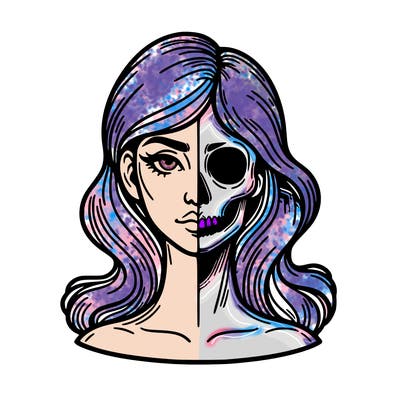 bust of a woman, half face and hair, half skull