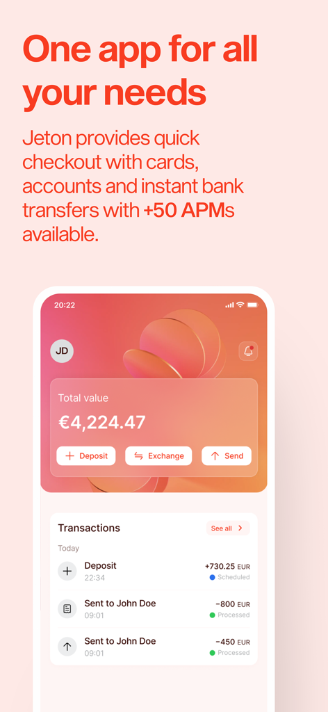 Jeton-App-Dashboard, das den Gesamtbetrag in Euro anzeigt, mit Optionen zum Einzahlen, Wechseln und Senden von Geld