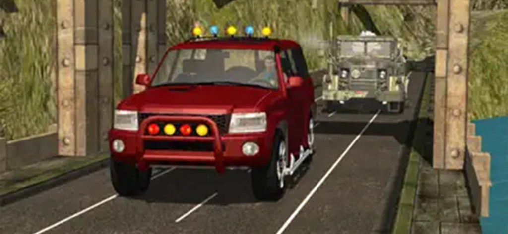 Un SUV rojo conduciendo por una carretera de montaña con un camión de fondo