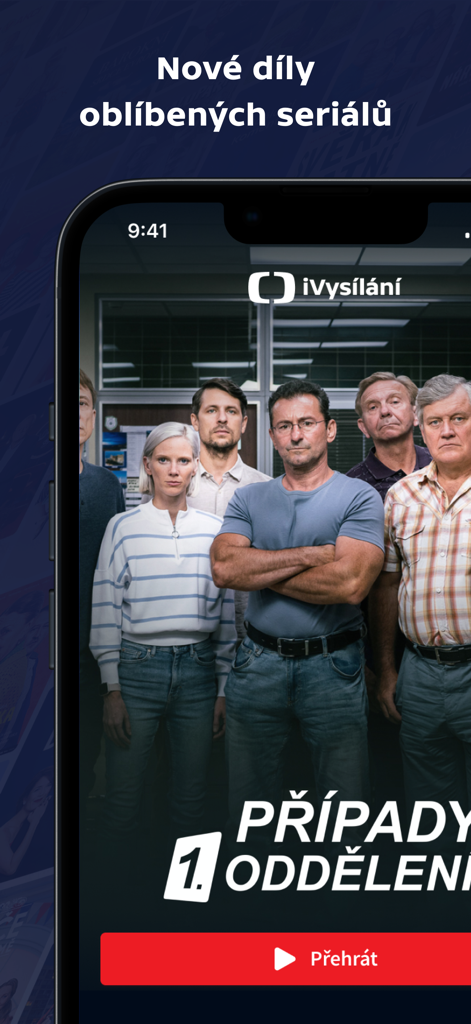 Interfaz de la aplicación móvil iVysilani que muestra una popular serie dramática checa con un botón de reproducción