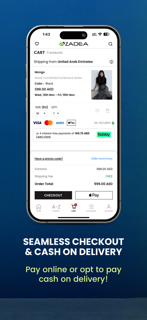 Azadea | High Street Fashion - Azadea mobile app checkout screen showing a shopping cart with a Mango dress and various payment options like Apple Pay and Tabby