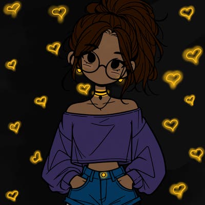 girl with a messy ponytail glasses a baggy crop top and jean shorts