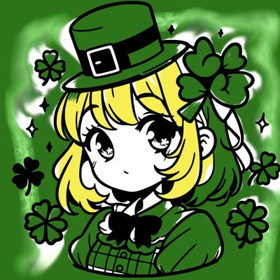 a manga-style girl with clovers around her, a little hat in her hair, like it's saint patrick's day