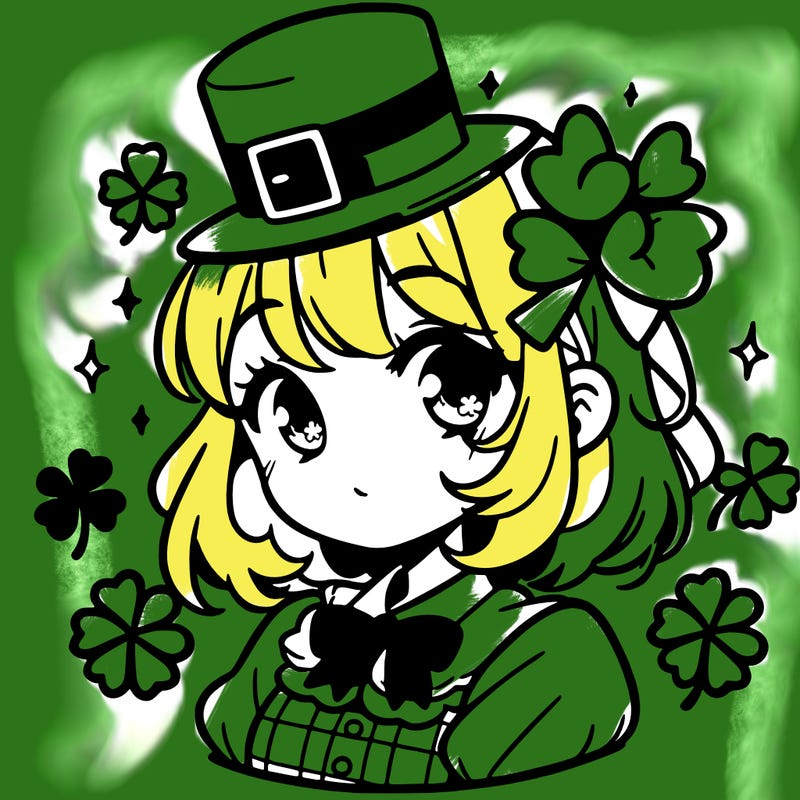 a manga-style girl with clovers around her, a little hat in her hair, like it's saint patrick's day