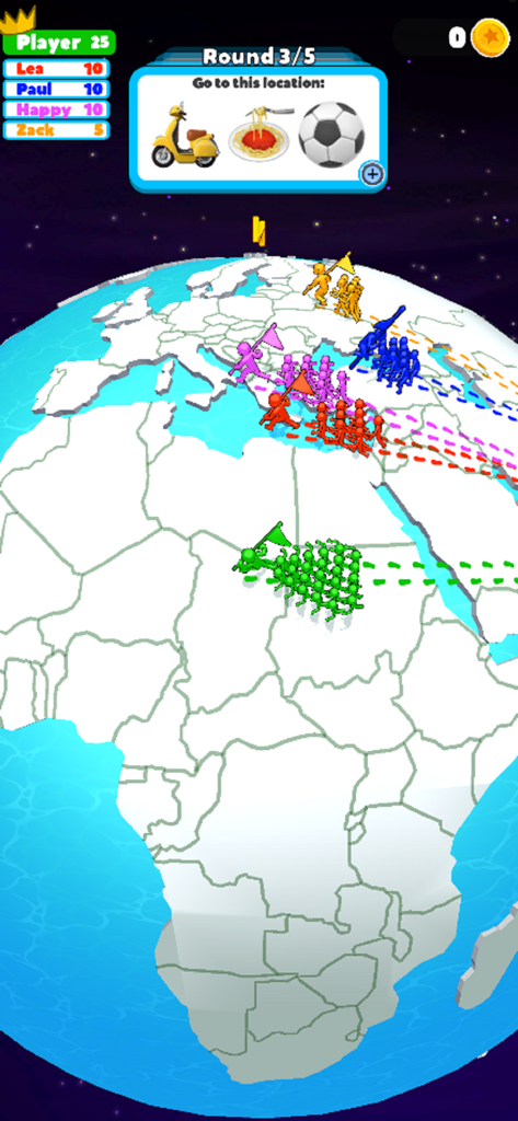 Trivia Planet! - Multiplayer geography quiz screen with characters racing across a 3D globe to find a location based on visual clues.