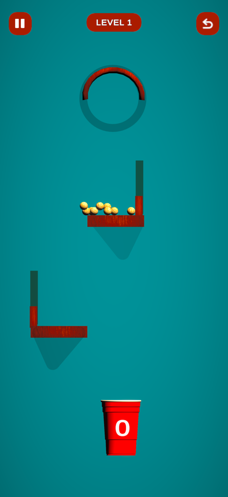 Crazy Popcorn Catch - Captura de pantalla del juego de Crazy Popcorn Catch que muestra piezas de palomitas en una plataforma sobre una taza roja en el Nivel 1