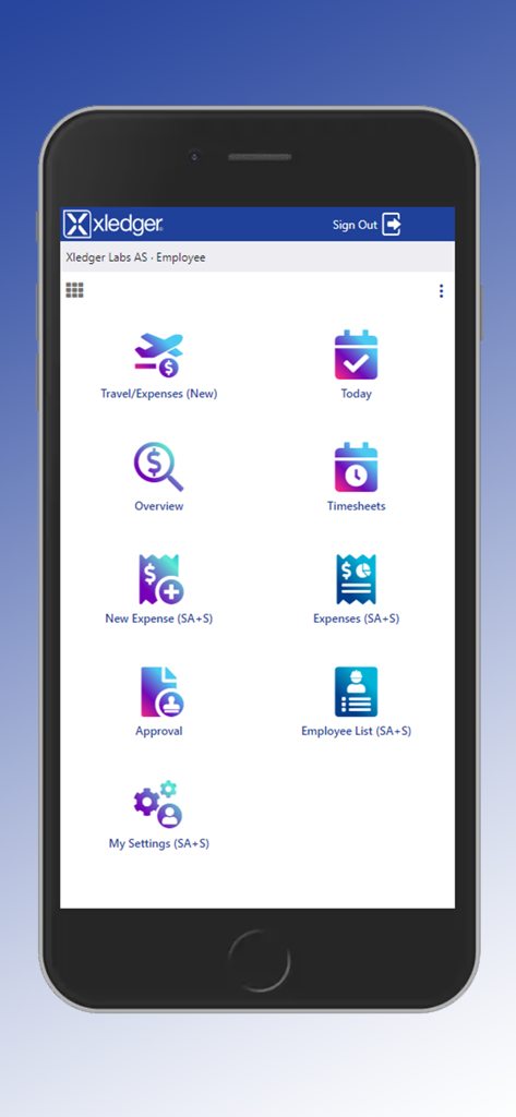 Xledger - Xledger mobile app employee dashboard showing main menu icons for expenses timesheets and approvals