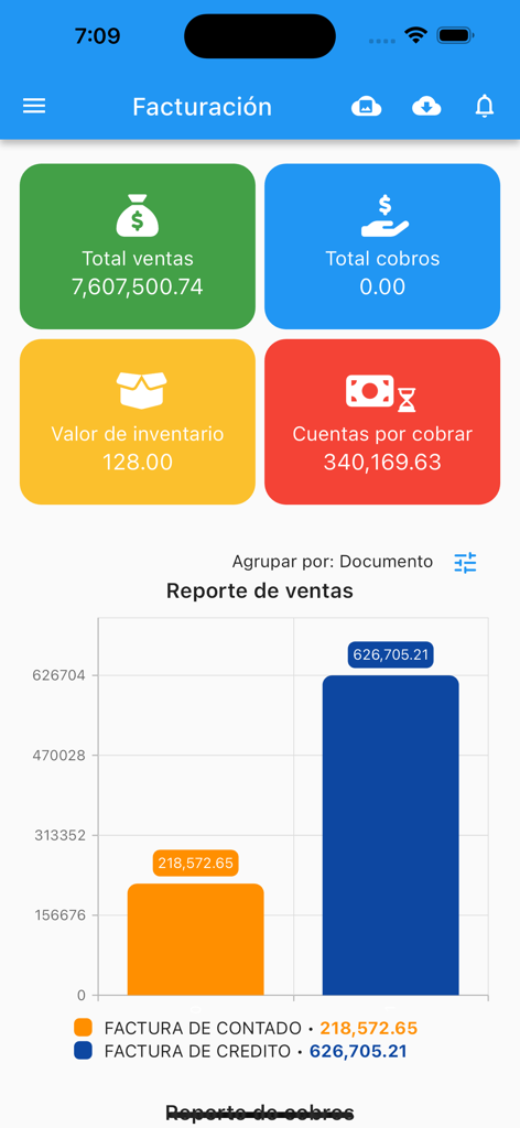 Watersoft Fact App - Watersoft Fact App dashboard displaying financial summaries and a sales report bar chart