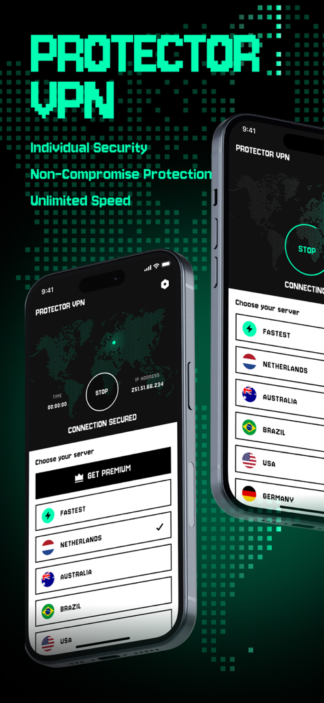 VPN Protector & Proxy - VPN Protector app interface showing global server list and secure connection status on mobile phones