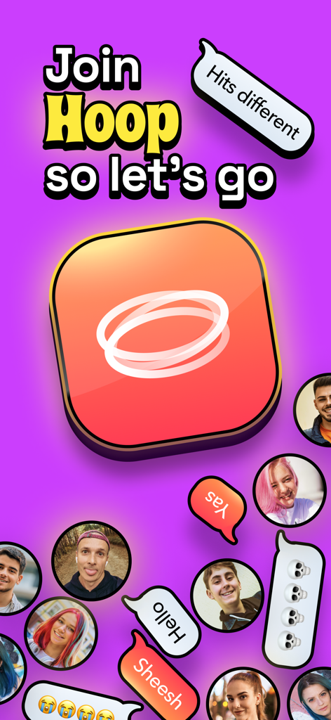 Hoop 앱 프로모션 화면, 사용자 프로필 원과 Z세대 구어체 말풍선이 보라색 배경에 표시됨